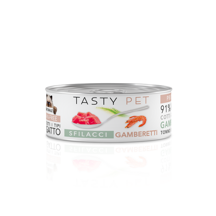 Tasty Pet Confezione di Alimento Completo Umido per Gatti - 5114 Sfilacci di Gamberetti Tonno e Zucchine