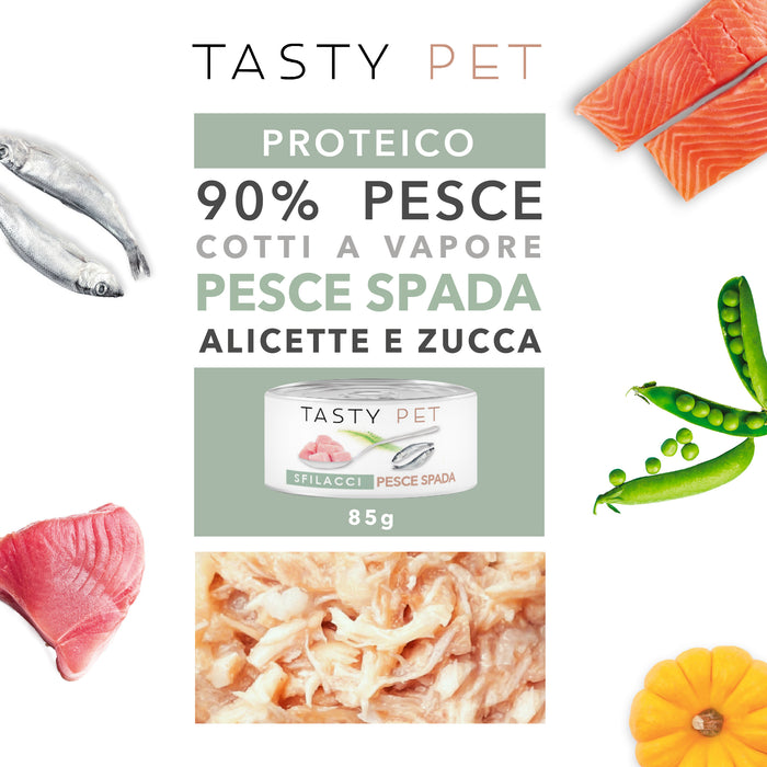 Tasty Pet Confezione di Alimento Completo Umido per Gatti - 5113 Sfilacci di Pesce spada Alicette e Zucca