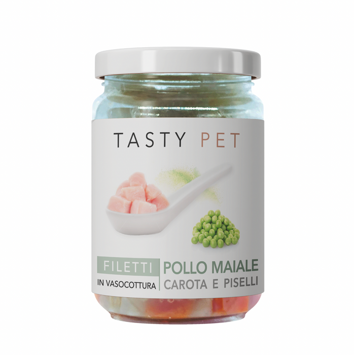 Tasty Pet Confezione di Alimento Completo Umido per Gatti - 3006 Filetti di Pollo Maiale e Piselli