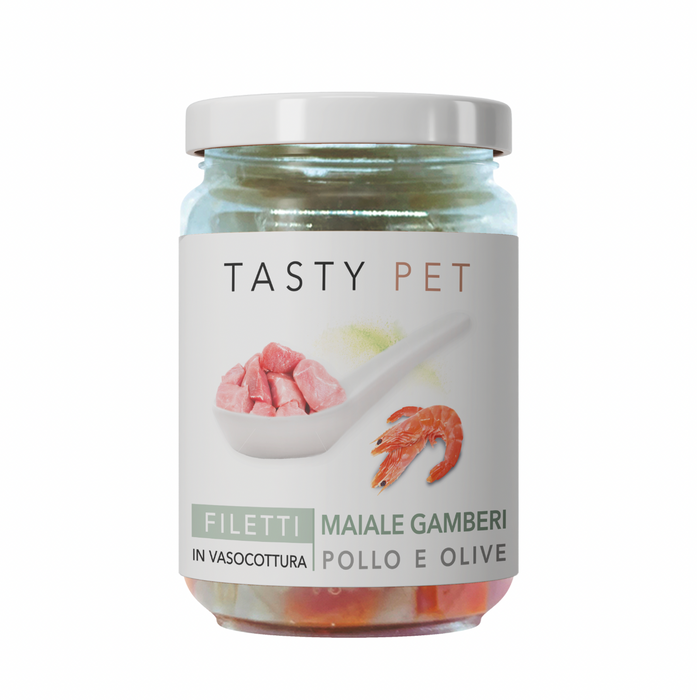 Tasty Pet Confezione di Alimento Completo Umido per Gatti - 3008 Filetti di Maiale Gamberi e Olive